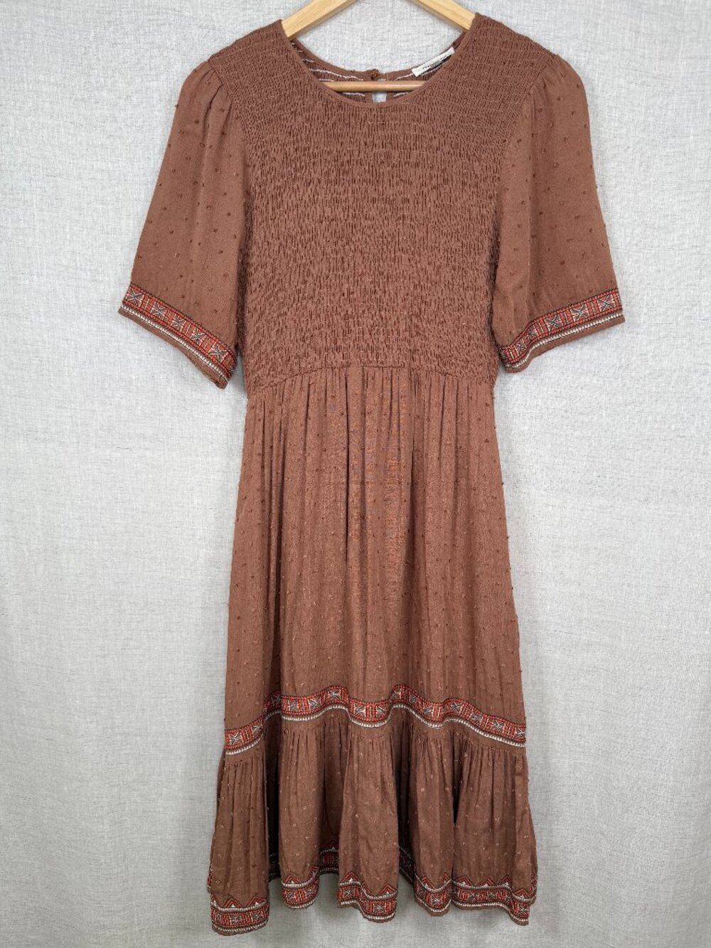 Tea N Rose Brown Smocked Bodice Embroidered Midi Dress Modest Boho Prairie Small